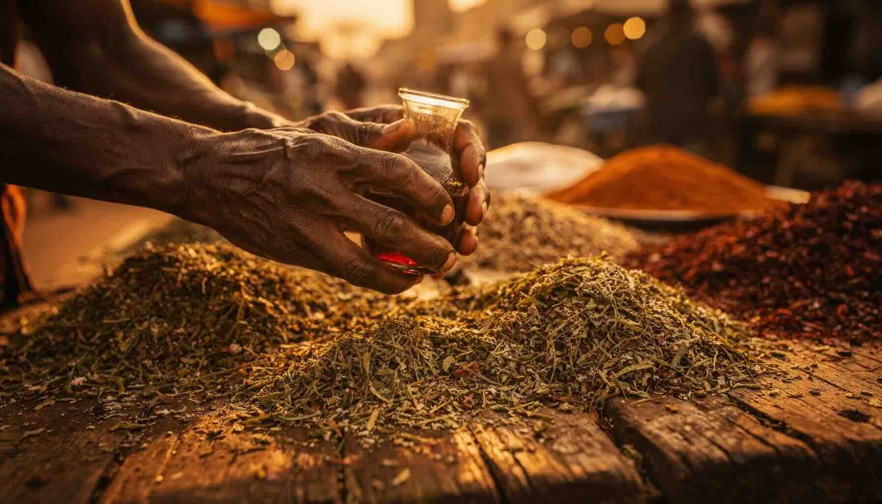 Close-up macro photography of West African medicinal herbs and roots — prekese pods  split open, sliced ginger root, dried tiger nuts, bark fragments — scattered across  a worn wooden mortar in a dimly lit Kumasi apothecary.