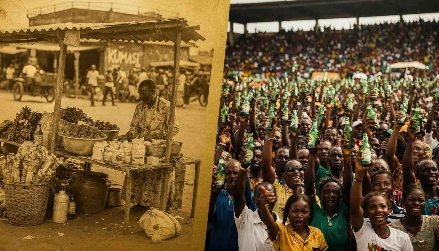 Documentary diptych: aged sepia photograph of a Ghanaian street herbalist at a Kumasi roadside stall on the left, transitioning into a vibrant full-colour shot of a packed stadium crowd in Accra holding green bottles aloft on the right.